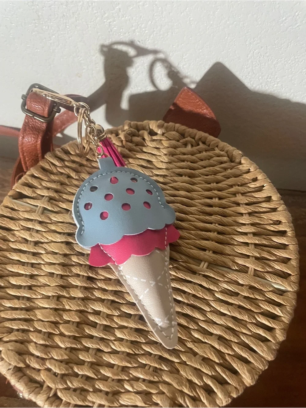 Round Woven Straw Crossbody Bag | Boho Summer Rattan Purse + Ice Cream Charm